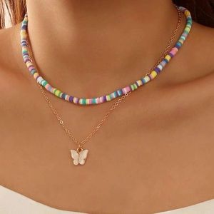 LAST! 2 pc butterfly gold chain colorful beaded necklace set choker